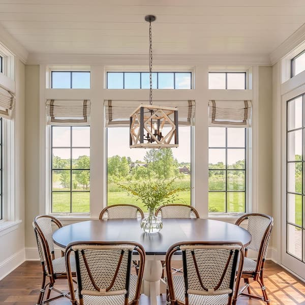 Farmhouse 14 in. 4-Light Solid Wood Chandelier Island Ceiling Light for Dining Room with Brown Cage Wood Frame