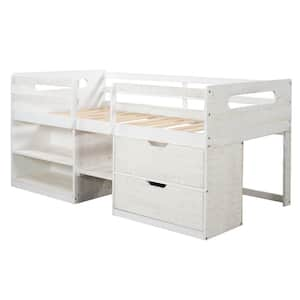 Twin size Loft Bed with Two Shelves and Two drawers