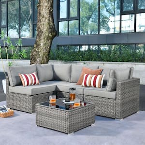 Sanibel Gray 5-Piece Wicker Patio Conversation Sofa Sectional Set with Dark Gray Cushions