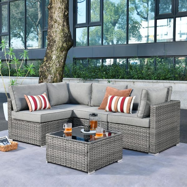 Sanibel Gray 5-Piece Wicker Patio Conversation Sofa Sectional Set with Dark Gray Cushions