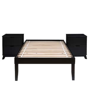 Pheba 3-Piece Black Wood Frame Platform Twin Bed with (2-Drawer) Nightstand (Set of 2) Bedroom Set