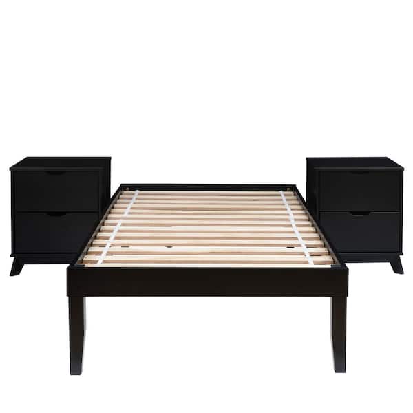 Linon Home Decor Pheba 3-Piece Black Wood Frame Platform Twin Bed with (2-Drawer) Nightstand (Set of 2) Bedroom Set