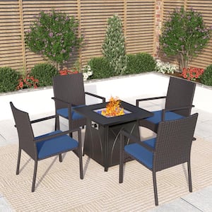 Black 5-Piece Metal Patio Fire Pit Set with Rattan Chair with Blue Cushion