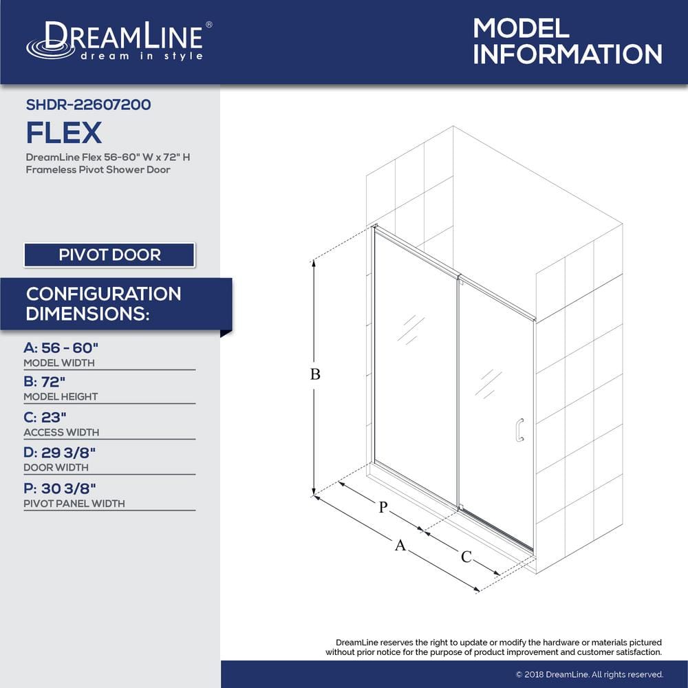 Flex 60" Brushed Nickel Frameless Pivot Shower Door with Clear Glass