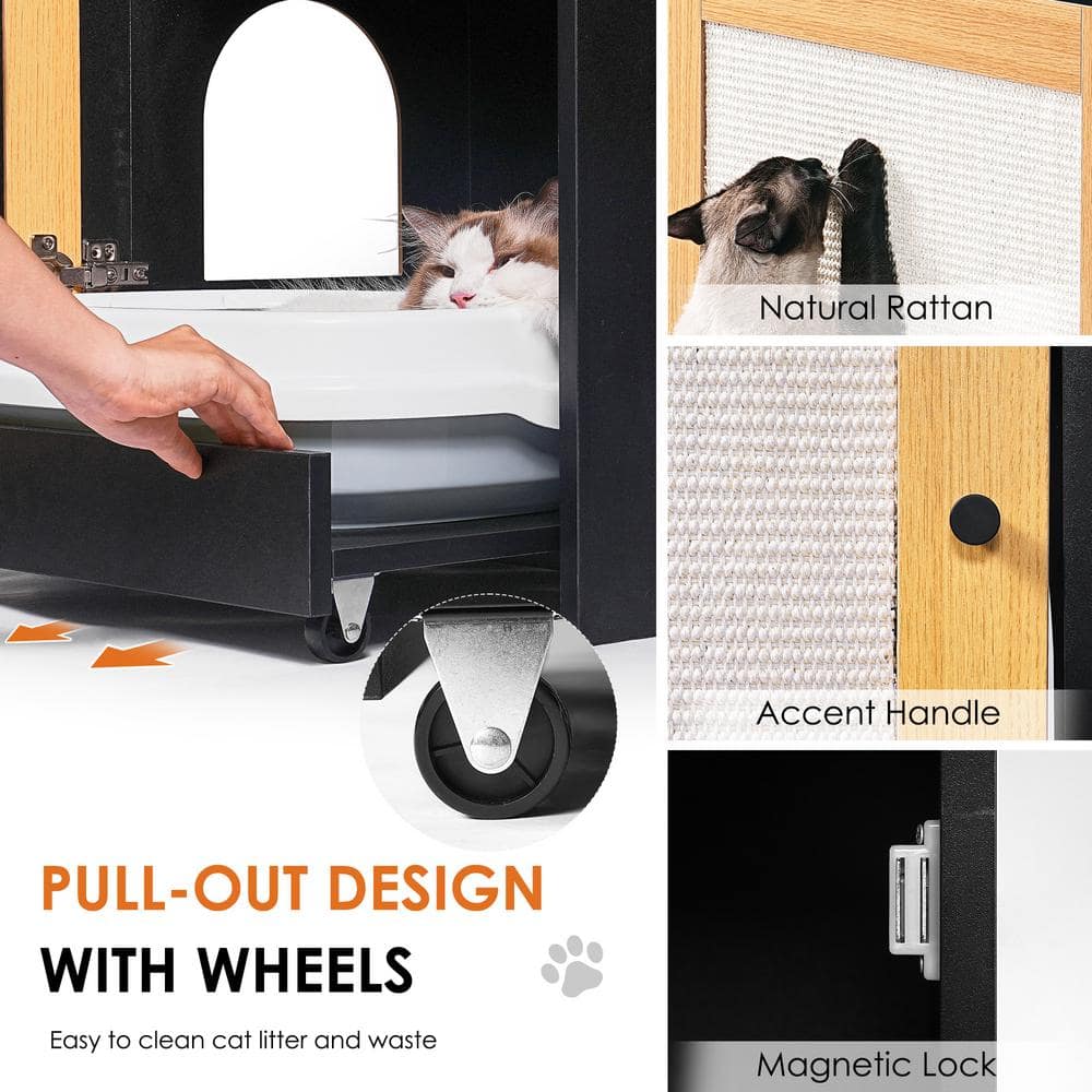 Black Particle Board Cat Litter Box Enclosure with Sisal Door