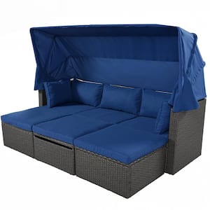 Outdoor Patio Rectangle Daybed with Retractable Canopy, Wicker Outdoor Day Bed with blue Cushions
