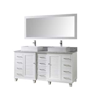 Ultimate Shutter 72 in. Vanity in White with Carrara White Marble Vanity Top with White Vessel Sinks and Mirror