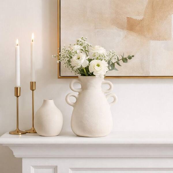 Liv & Skye 12 in. Ivory Ceramic Amphora Four Handles Decorative