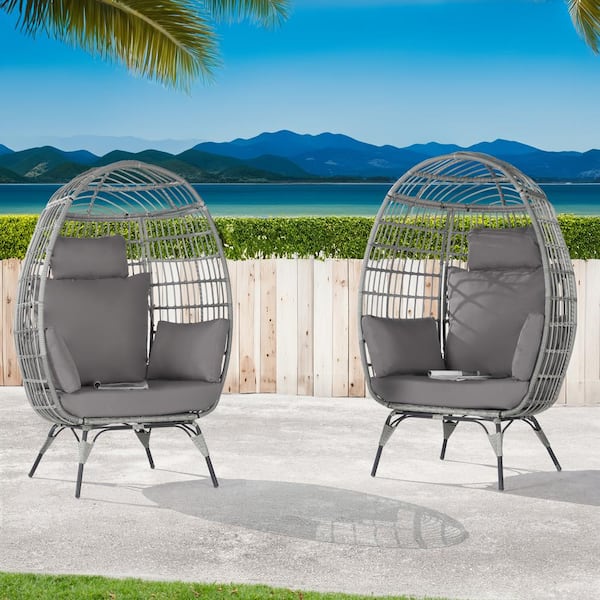 BFB 2 -Pieces Outdoor Oversized Gray Rattan Egg Chair Indoor Outdoor Chair