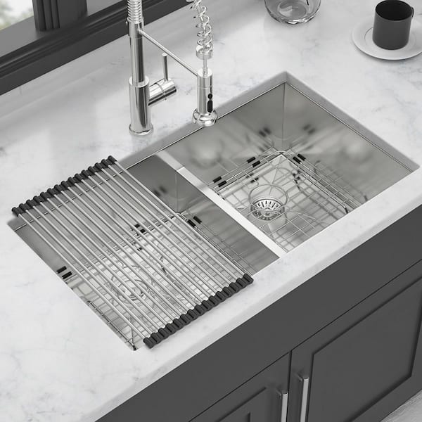30 in. Undermount Double Bowl (60/40) 16 Gauge Brushed Nickel Stainless Steel Kitchen Sink with Bottom Grids