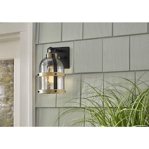 Vinwood 10.5 in. 1-Light Matte Black and Faux Wood Hardwired Outdoor Wall Lantern Sconce