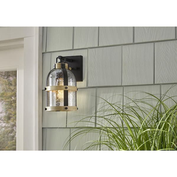 Vinwood 10.5 in. 1-Light Matte Black and Faux Wood Hardwired Outdoor Wall Light Lantern Sconce with No Bulb Included