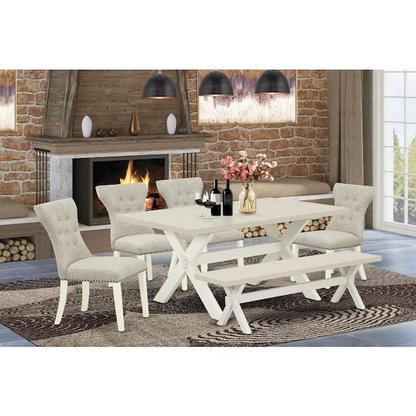 East West Furniture 6-Piece Rectangle Natural Oak Finish Solid Wood Top Dining Table with 1-Bench, 4-Chairs with Lattice Back