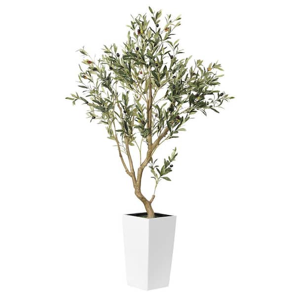 Unbranded 5 ft. Artificial Olive Trees with White Planter, Fake Plants with Natural Wood Trunk, Olive Silk Tree with Pot