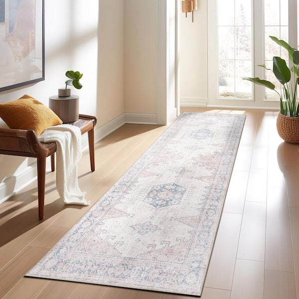 Vintage Bohemian Machine Washable Non Slip Beige 2 ft. 6 in. x 6 ft. Runner Rug