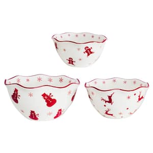 Winterfest 8.5 in. 10 oz. Red/White Ceramic Candy Serving Bowl Set (3-Piece)