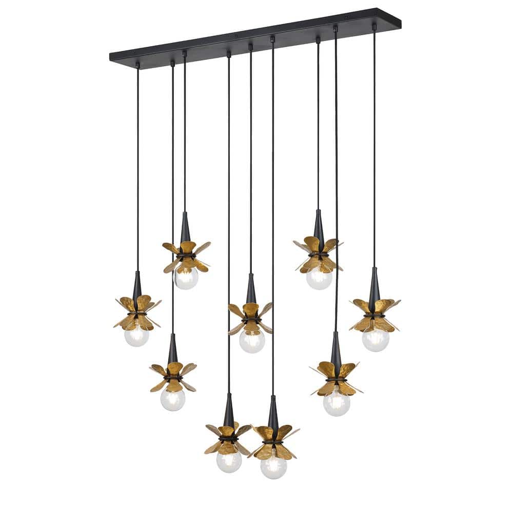 Portinatx Satin Black and Hammered Gold 9-Light Linear Chandelier