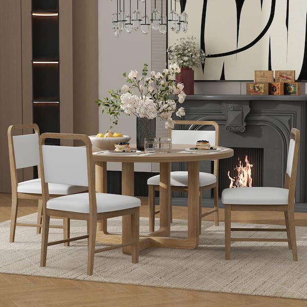 Qualler 5-Piece Round Natural Wood Wash MDF Top Dining Table Set Seats 4