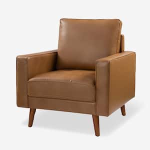 Christine Mid-Century Modern Camel Genuine Leather Armchair with Wood Flared Leas