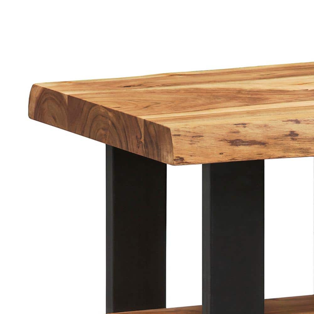 Alpine Natural Acacia Wood and Black Metal 2-Shelf End Table