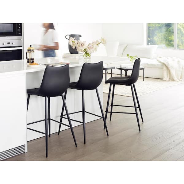 NADAAL STUDIOS Florian 26 in. Black Contemporary Faux Leather Counter Stool with Metal Legs ((Set of 2))