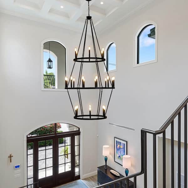 Modern 24-Light Black 3-Tier Wagon Wheel Farmhouse Industrial Chandelier Rustic Candle Pendant Light