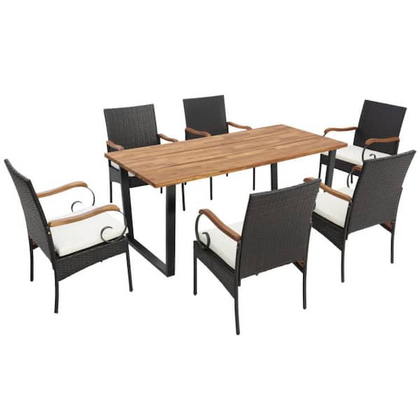 7-Piece Rattan Wicker Curved Handrail Outdoor Dining Set with Umbrella Hole, Acacia Wood Tabletop and Cushions