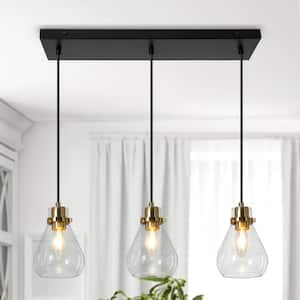 Modern Kitchen Island Chandelier 3-Light Black and Brass Height Adjustable Chandelier with Teardrop Clear Glass Shades