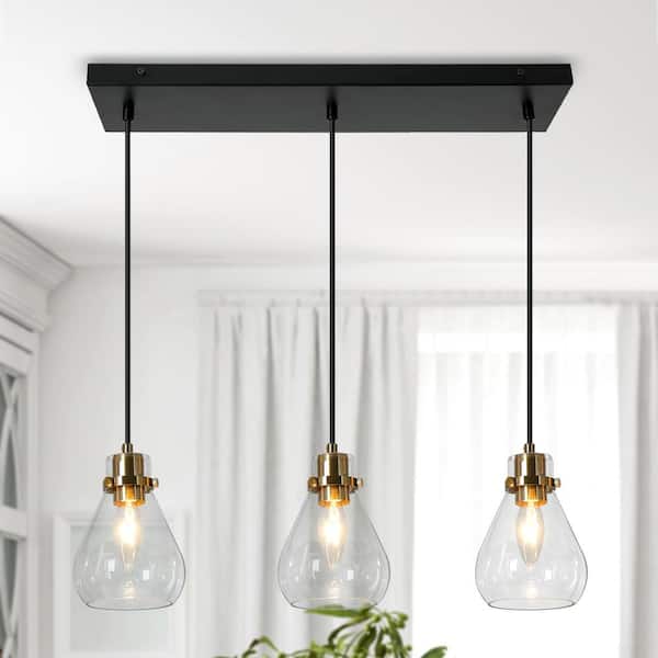 Uolfin Modern Kitchen Island Chandelier 3-Light Black and Brass Height Adjustable Chandelier with Teardrop Clear Glass Shades