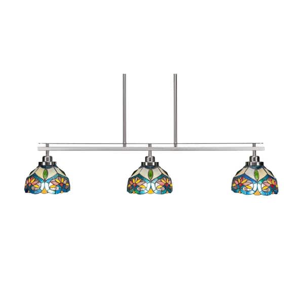 Unbranded Monroe 3-Light Brushed Nickel, Billiard Light, Any room with 7 in. Pavo Art Glass Shades no bulbs included