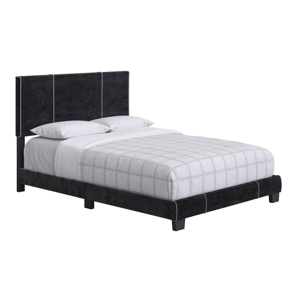 Lucena Black Velvet Upholstered Queen Platform Bed with Headboard