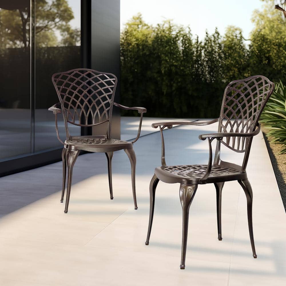 Bronze Cast Aluminum Outdoor Dining Chairs with Cushions, Set of 2