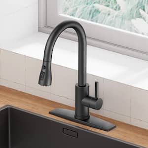 Gooseneck Single Handle Pull Down Sprayer Kitchen Faucet with Deckplate and Flexible Hose Pull Out Spout in Matte Black