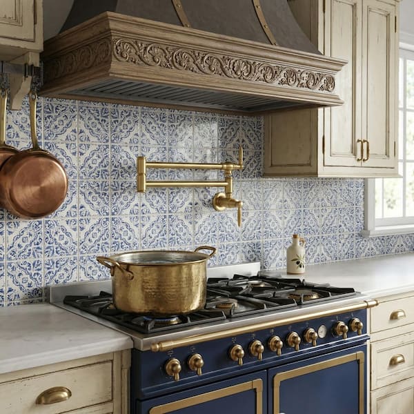 Wall Mounted Double-Handle Kitchen Pot Filler Faucet with Double Joint Swing Arms in Brushed Gold