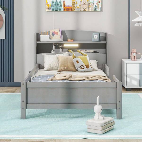 Nestfair Antique Gray Wood Frame Twin Platform Bed with LED Light