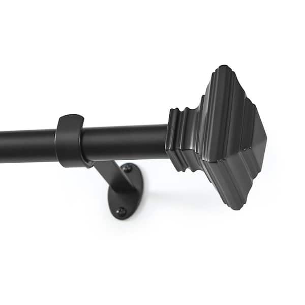 Threadmade Home Florence Single Curtain Rod with Stacked Square Finial, Antique Black - 32"W x 142"L