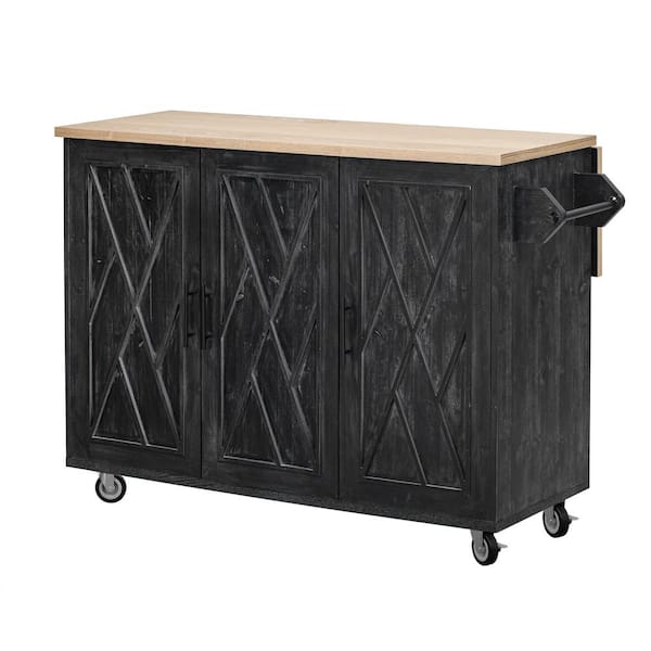 Zeus & Ruta Black Wood 51.2 in. W Rolling Kitchen Island with Drop Leaf, Internal Storage Rack and Three Doors