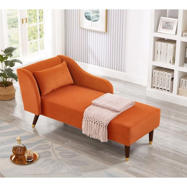 58.3 in. Orange Modern Velvet Bench, Chaise Lounge Chair with Tilted Backrest, Gold-Accent Legs and Removable Pillow