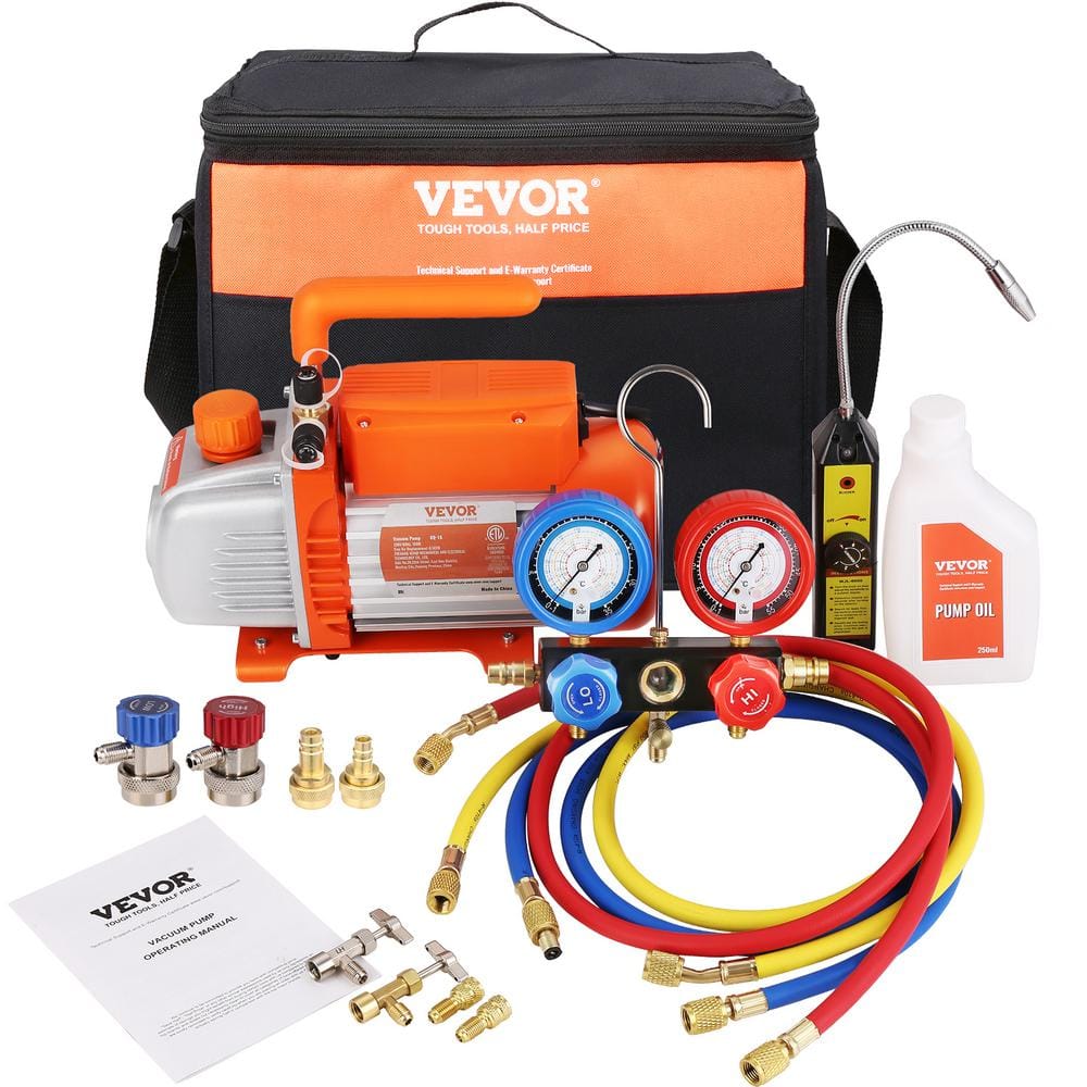VEVOR HVAC Air Vacuum Pump 1/4 HP 4.5 CFM AC Vacuum Pump Gauge Set 1-Stage  Rotary Vane with Hose Carry Bag for R134a R410a KDZ4CFM180WA15GDIV1 - The  Home Depot