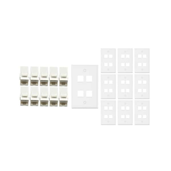 10-Pack 1-Gang White Keystone Plastic Wall Plate 4-Port & 10 Cat 6 RJ45 Keystone Inline Couplers White
