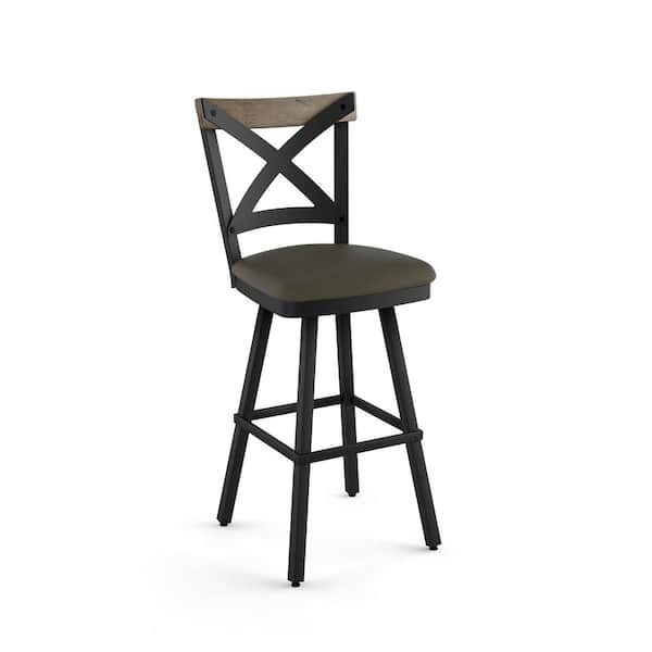 Amisco Snyder 27 in. Grey Faux Leather/Black Metal/Beige Distressed Wood Swivel Counter Stool