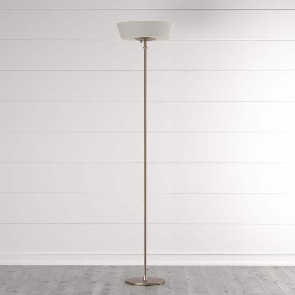 Harper Slim Satin Steel Torchiere Floor Lamp with White Linen Shade