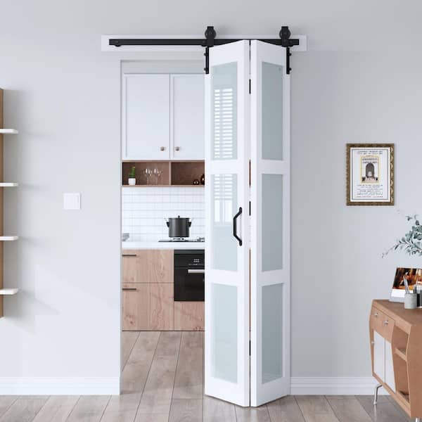 42 in. x 84 in. 3-Lite Tempered Frosted Glass Solid Core White Finished MDF Wood Bi-fold Door with Hardware Kit