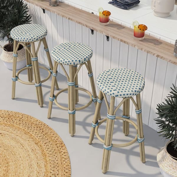 Shua 26 in. Beige and Blue Aluminum Outdoor Bar Stool (Set of 2)