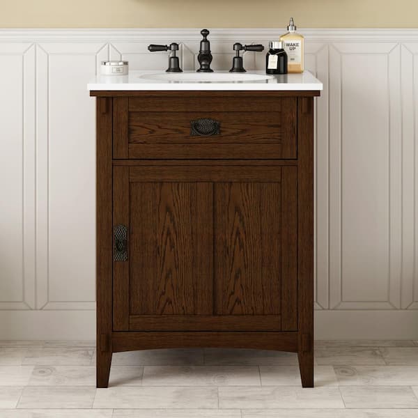 Home Decorators Collection Artisan 26 in. W x 21 in. D x 35 in. H Single Sink Freestanding Bath Vanity in Dark Oak with White Marble Top
