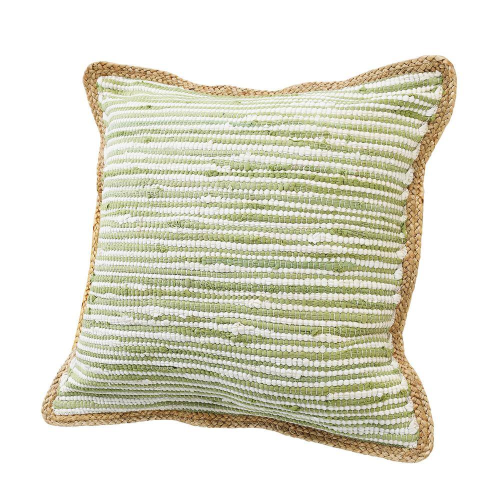 Turquoise and Jute Bordered Square Throw Pillow, 20" x 20"