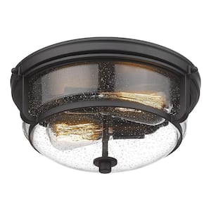 Modern 12 in. 2-Light Black Flush Mount Ceiling Light with Seeded Glass Shade