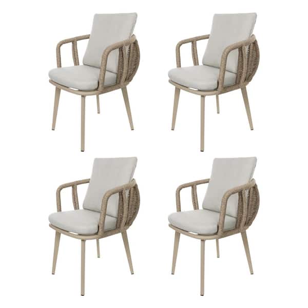 TWT Beige Hand-woven rope Aluminum Outdoor Lounge Chairs With Champagne Back Cushion And Seat Cushion (4-Pack)