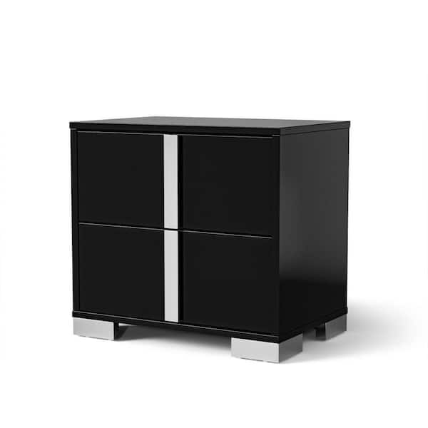 Suni Piano Black and Chrome 2 Drawer 23.5 in. W Nightstand