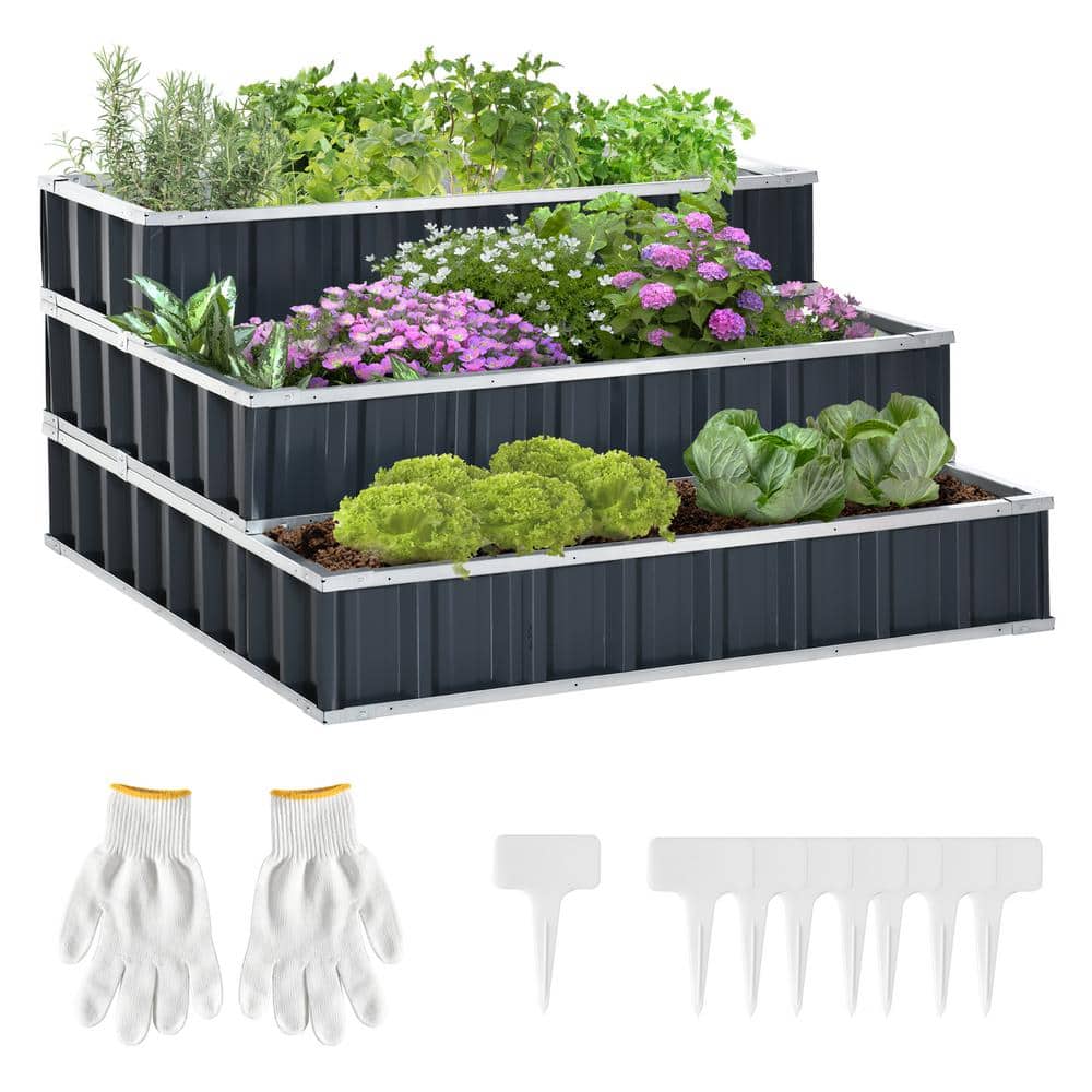 46.5 in. x 46.5 in. x 24.5 in. 3-Tier Gray Steel Raised Garden Bed with Pair of Glove for Flowers, Herbs and Vegetables price history on PriceWatchPro